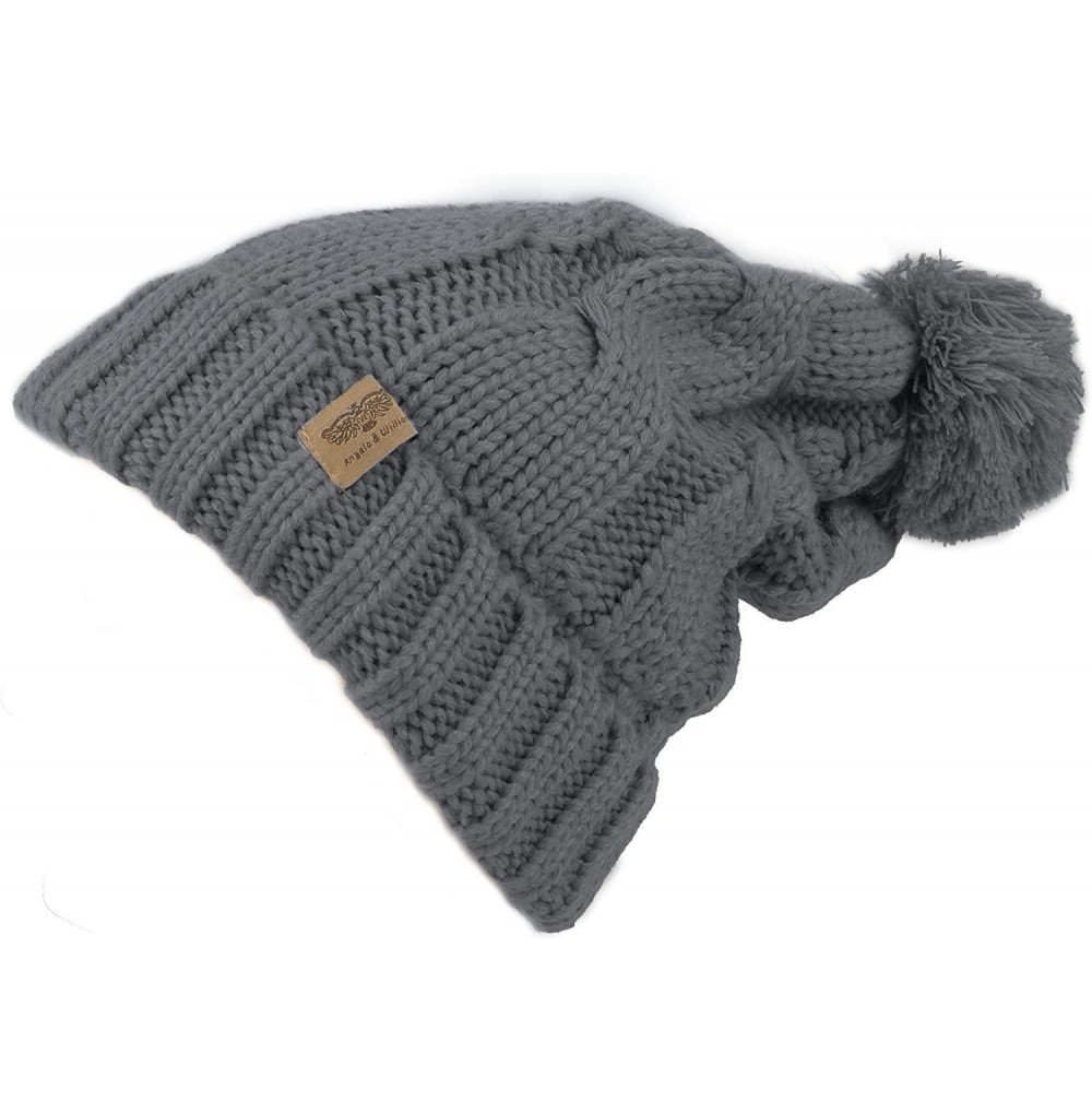 Skullies & Beanies Fleece Lined Warm Knitted Slouchy Pom Pom Cable Beanie Cap Hat - Charcoal - CN1874XZ7RS