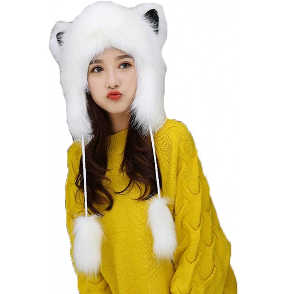 Skullies & Beanies Unisex Animal Full Hood Hats Fluffy Plush Halloween Cosplay Costume Headwear - Wihte - C5187Q7AQGM