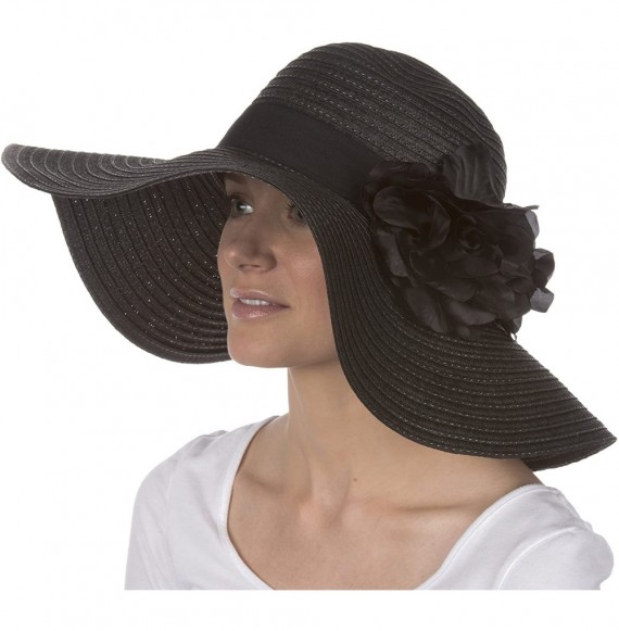 Sun Hats Daisy UPF 50+ 100% Paper Straw Flower Accent Wide Brim Floppy Hat - Black - C71190EY6IV