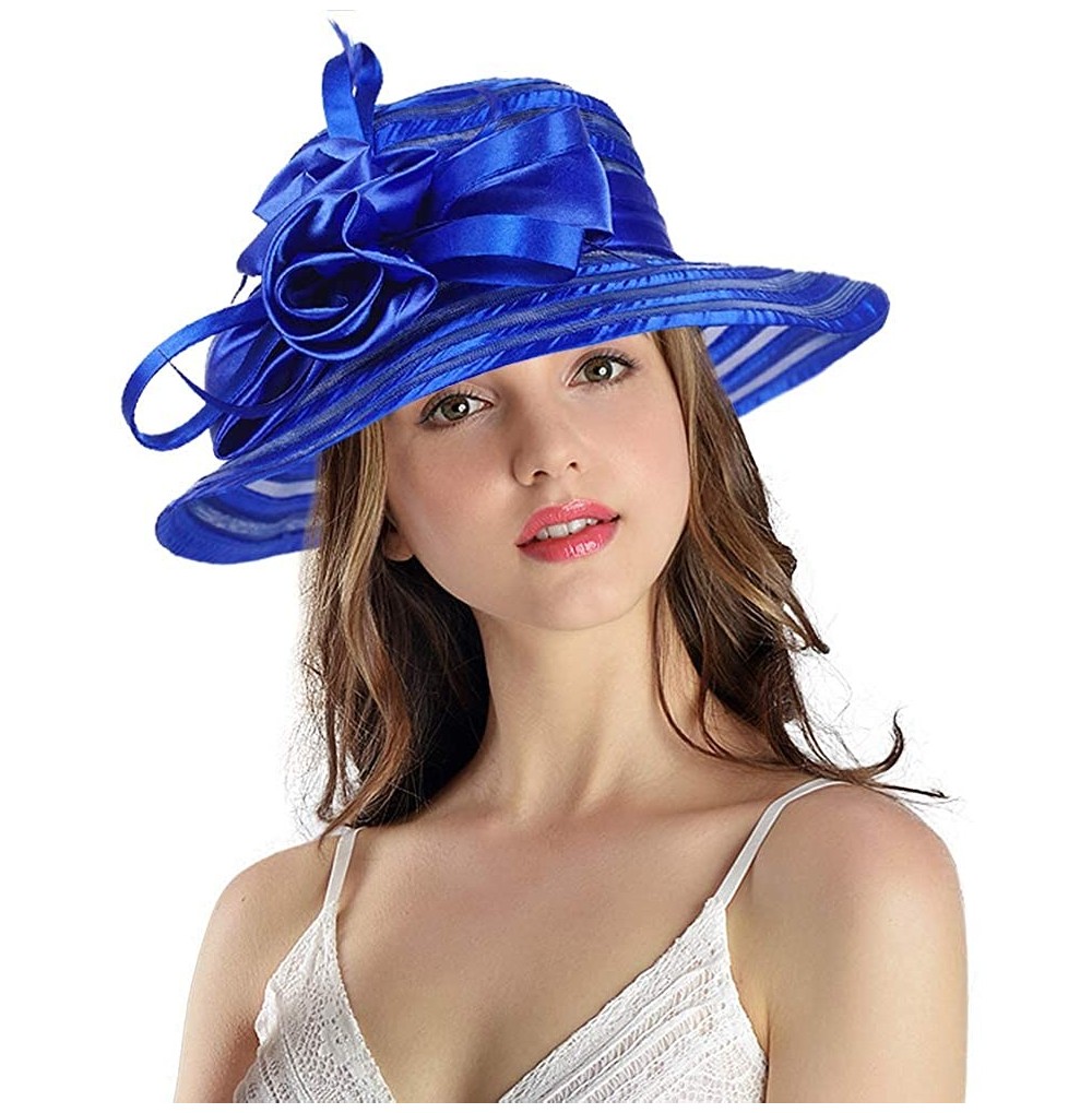 Sun Hats Women's Big Floral Fascinator Kentucky Derby Church Floppy Wide Brim Cloche Bucket Hat - Blue - CA11S1HI607
