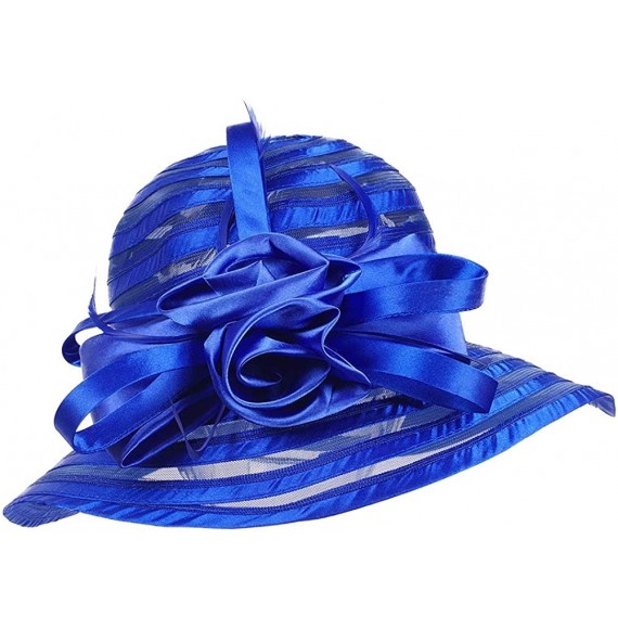 Sun Hats Women's Big Floral Fascinator Kentucky Derby Church Floppy Wide Brim Cloche Bucket Hat - Blue - CA11S1HI607