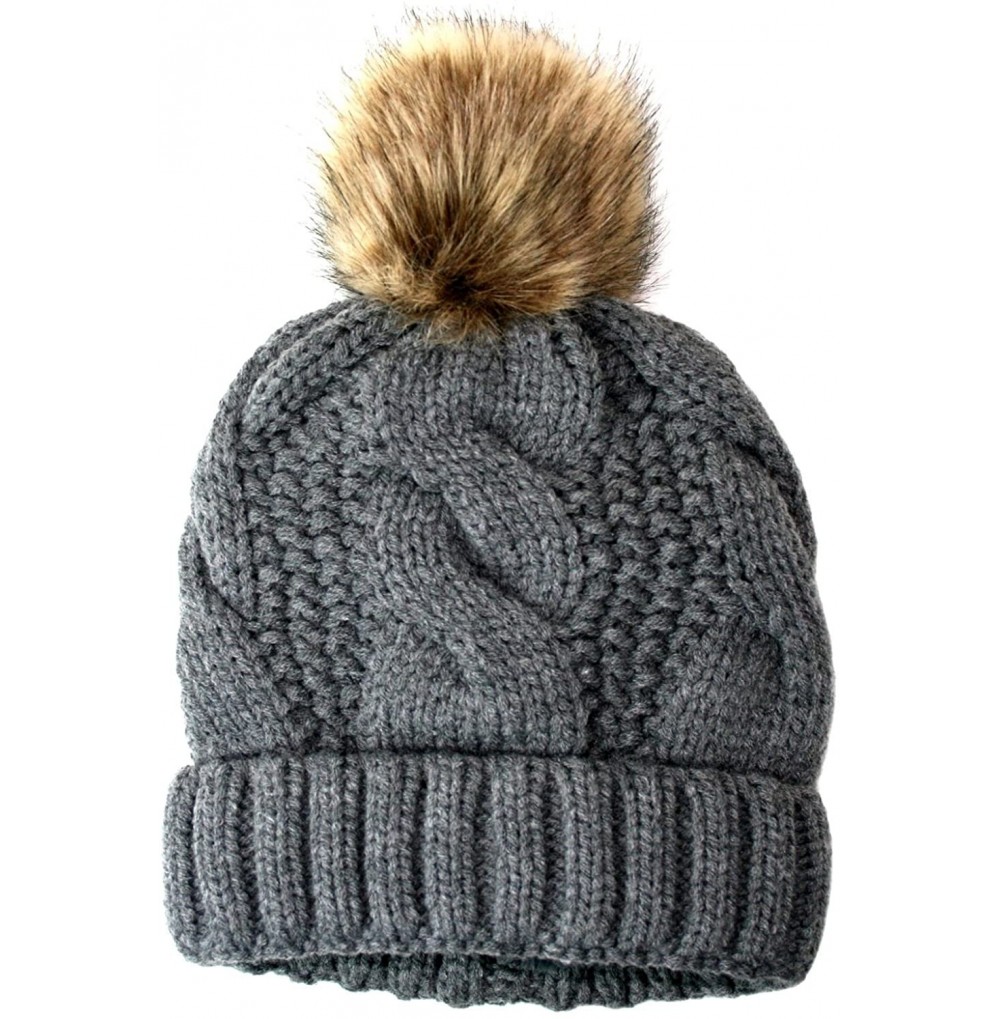 Skullies & Beanies Women's Thick Cable Knit Beanie Hat with Soft Fur Pom Pom - Gray - C6126H24G51