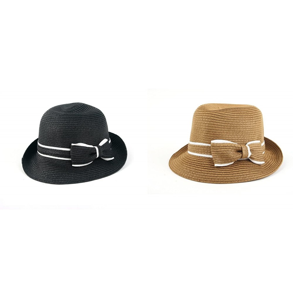 Bucket Hats Women's Classic Straw Cloche Bow Hat 960HF - 2 Pcs Black & Brown - C111UGW9QDL