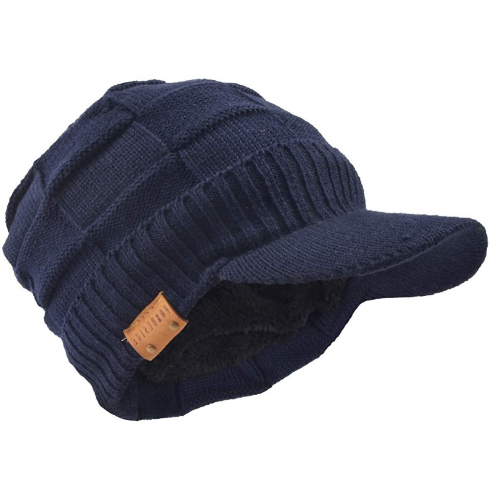 Newsboy Caps Retro Newsboy Knitted Hat with Visor Bill Winter Warm Hat for Men - Check-navy - C018IHEO5ZQ