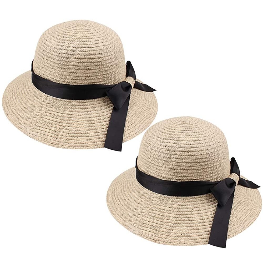 Sun Hats Women-Girls Straw Sun Hat Summer Beach Cap Foldable Visor Floppy Hats Wide Brim with Strap-Big Bowknot-Adjustable - ...