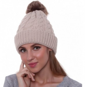 Skullies & Beanies Women's Winter Ribbed Knit Faux Fur Pompoms Chunky Lined Beanie Hats - Single-cream - CN186QO3RI3