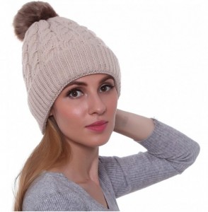 Skullies & Beanies Women's Winter Ribbed Knit Faux Fur Pompoms Chunky Lined Beanie Hats - Single-cream - CN186QO3RI3