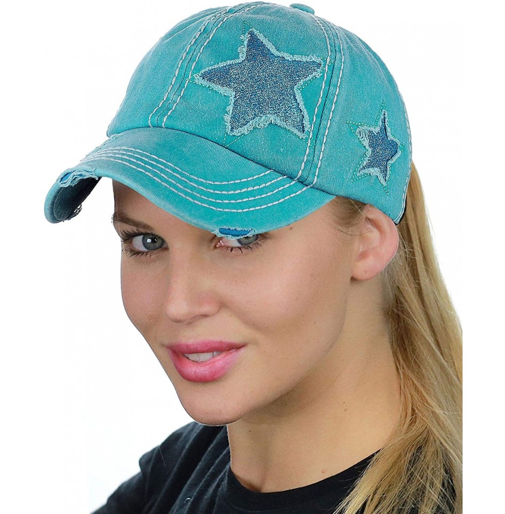 Baseball Caps Ponycap Messy High Bun Ponytail Adjustable Glitter Star Distressed Baseball Cap Hat - Turquoise - CZ18RQQZITN