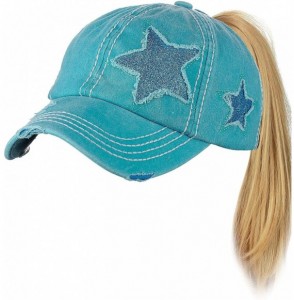 Baseball Caps Ponycap Messy High Bun Ponytail Adjustable Glitter Star Distressed Baseball Cap Hat - Turquoise - CZ18RQQZITN