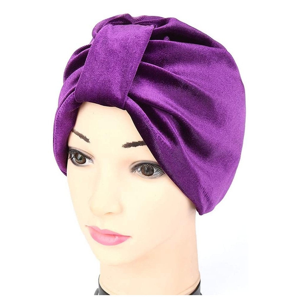 Skullies & Beanies ❤Women Indian Style Velvet Turban Hat Bandana Chemo Head Wrap Muslim Headscarf (Purple-2) - Purple-2 - CG1...