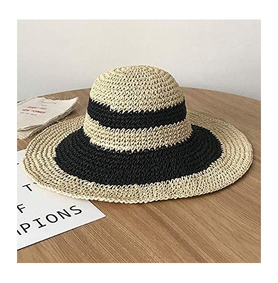Sun Hats Women's Foldable Bowknot Floppy Straw Sun Hat Wide Brim Beach Sun Visor Hat Cap - Black+beige - C618QQMZR0X