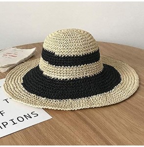 Sun Hats Women's Foldable Bowknot Floppy Straw Sun Hat Wide Brim Beach Sun Visor Hat Cap - Black+beige - C618QQMZR0X