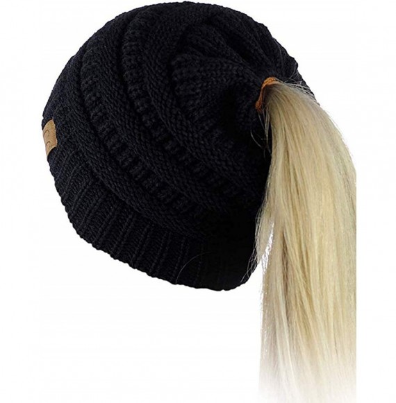 Skullies & Beanies Quality Knit Messy Bun Hat Beanie - Black - CO12NZD8ULQ