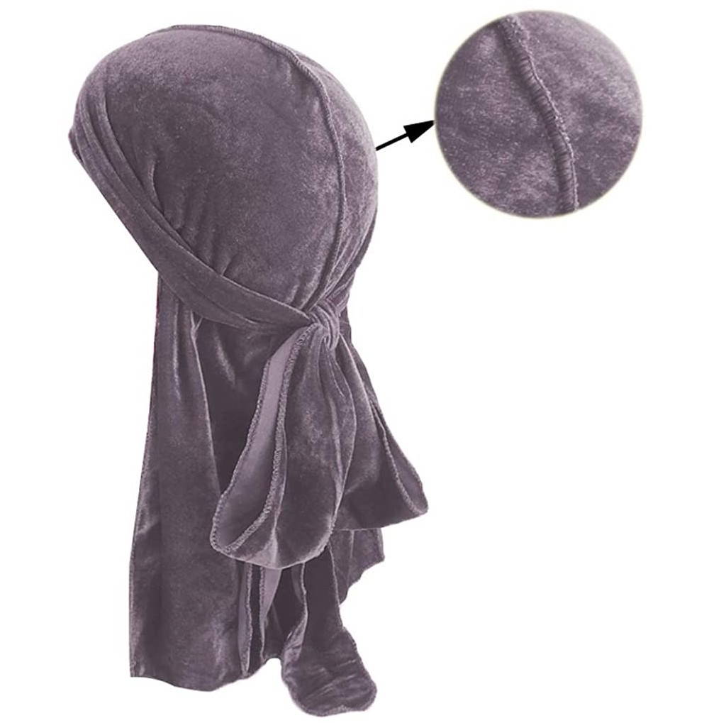 Skullies & Beanies Men's Soft Velvet Long Tail Wide Straps Durag Solid Color Cap Turban Headwrap - Gray - CA18GRGL0CG