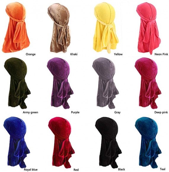Skullies & Beanies Men's Soft Velvet Long Tail Wide Straps Durag Solid Color Cap Turban Headwrap - Gray - CA18GRGL0CG