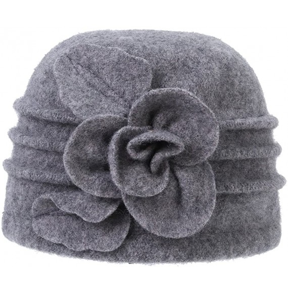 Bucket Hats Women's Winter Warm Wool Cloche Bucket Hat Slouch Wrinkled Beanie Cap with Flower - Grey - CL186AMGDNL