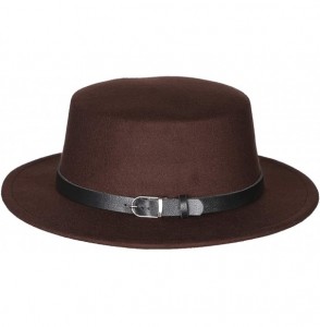 Fedoras Women's Brim Fedora Wool Flat Top Hat Church Derby Belt Cap - Brown - CR18L0AZTR6
