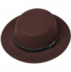 Fedoras Women's Brim Fedora Wool Flat Top Hat Church Derby Belt Cap - Brown - CR18L0AZTR6