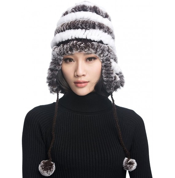 Bomber Hats Women's Rex Rabbit Fur Hats Winter Ear Cap Flexible Multicolor - Coffee & White - C911FG5AOAZ