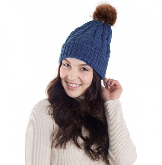 Skullies & Beanies Womens Winter Hand Knit Faux Fur Pompoms Beanie Hat - Denim Blue - CR12BYRSJ61