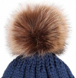 Skullies & Beanies Womens Winter Hand Knit Faux Fur Pompoms Beanie Hat - Denim Blue - CR12BYRSJ61