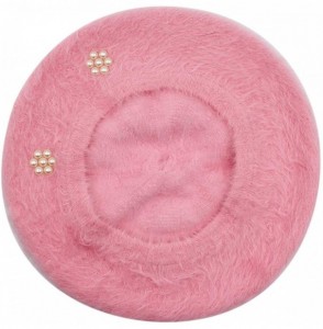 Berets Women Soft Rabbit Fur French Beret Elegant Pearls Winter Warm Beanie Hat - Pink - CW18YL2UWMY