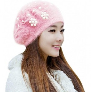 Berets Women Soft Rabbit Fur French Beret Elegant Pearls Winter Warm Beanie Hat - Pink - CW18YL2UWMY