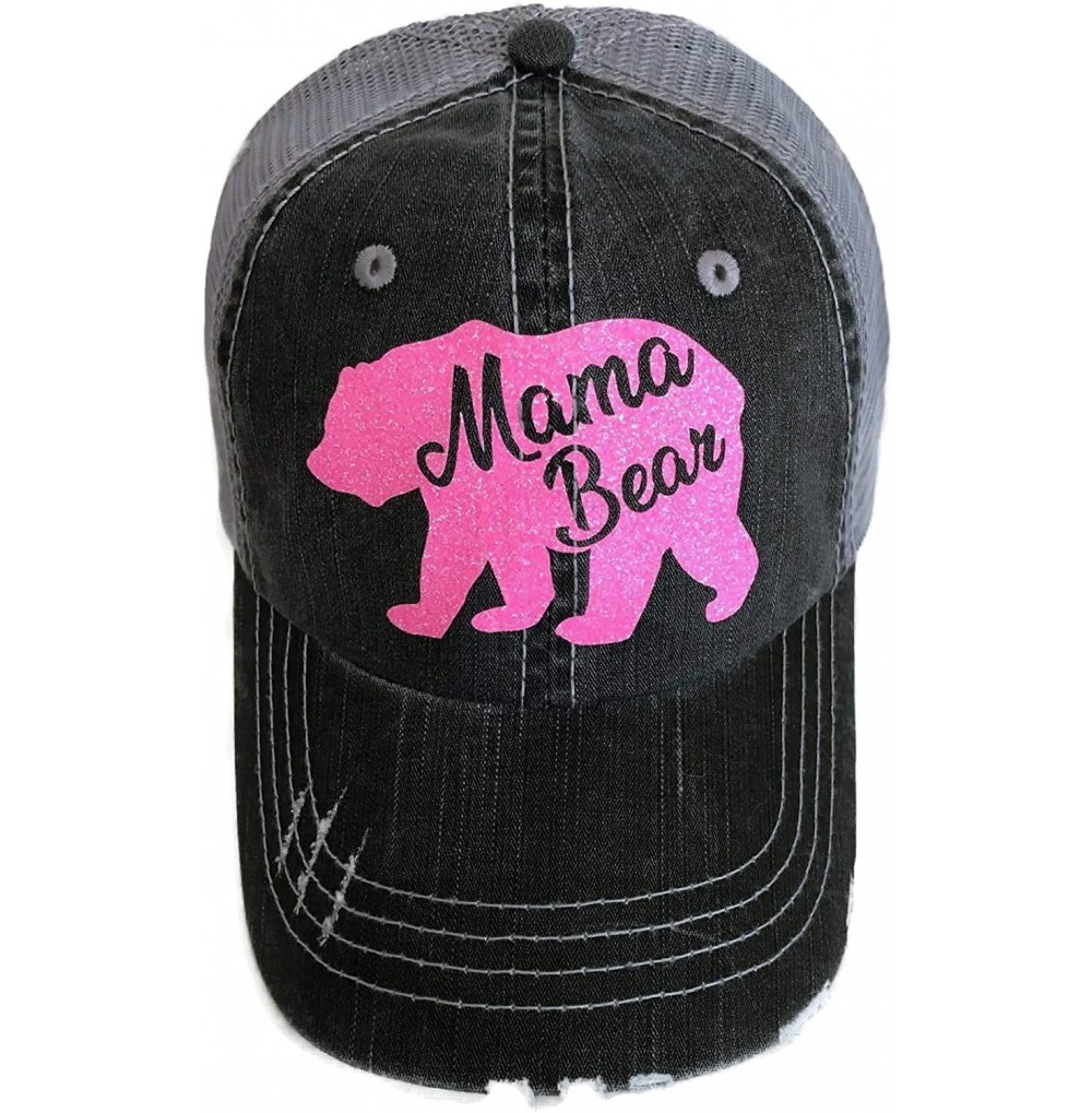Baseball Caps Glitter Mama Bear Distressed Look Grey Trucker Cap Hat Fashion - Neon Pink Glitter - CK182ST44T6