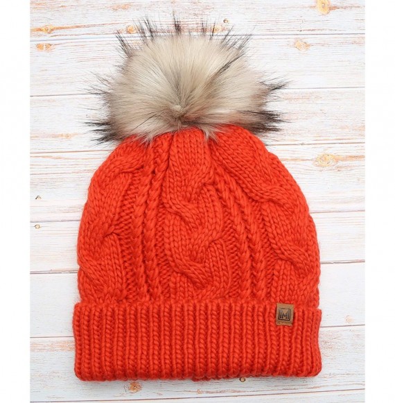 Skullies & Beanies Women's Soft Faux Fur Pom Pom Slouchy Beanie Hat with Sherpa Lined- Thick- Soft- Chunky and Warm - Orange ...