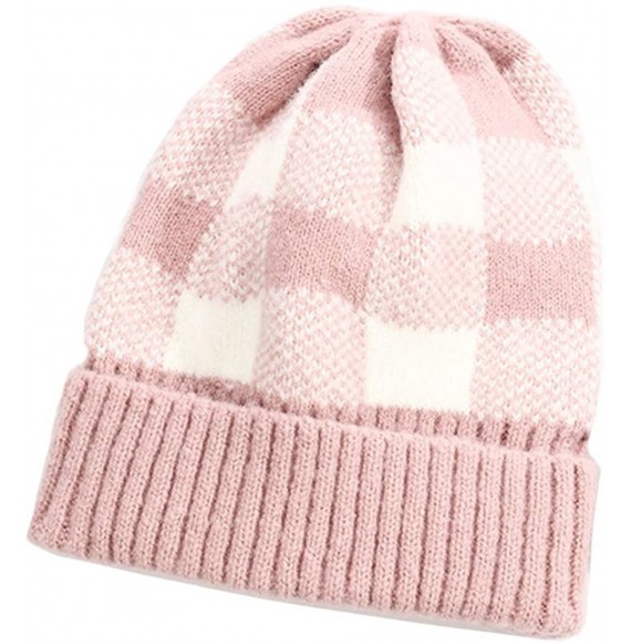 Skullies & Beanies Warm Cozy and Cute Buffalo Check Beanie Hat with Cuff Soft Acrylic - Pink/White - CT18AAIWG0T
