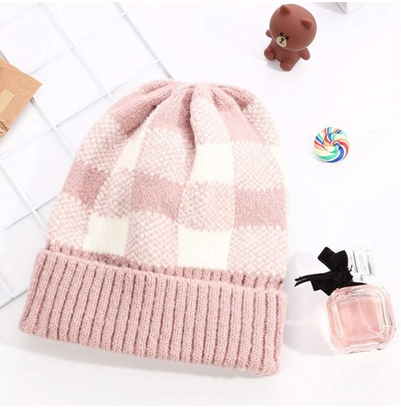 Skullies & Beanies Warm Cozy and Cute Buffalo Check Beanie Hat with Cuff Soft Acrylic - Pink/White - CT18AAIWG0T