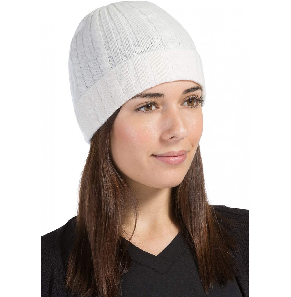Skullies & Beanies Women's 100% Pure Cashmere Cable Knit Hat Super Soft Cuffed - Cream - CI18HS0T7HR