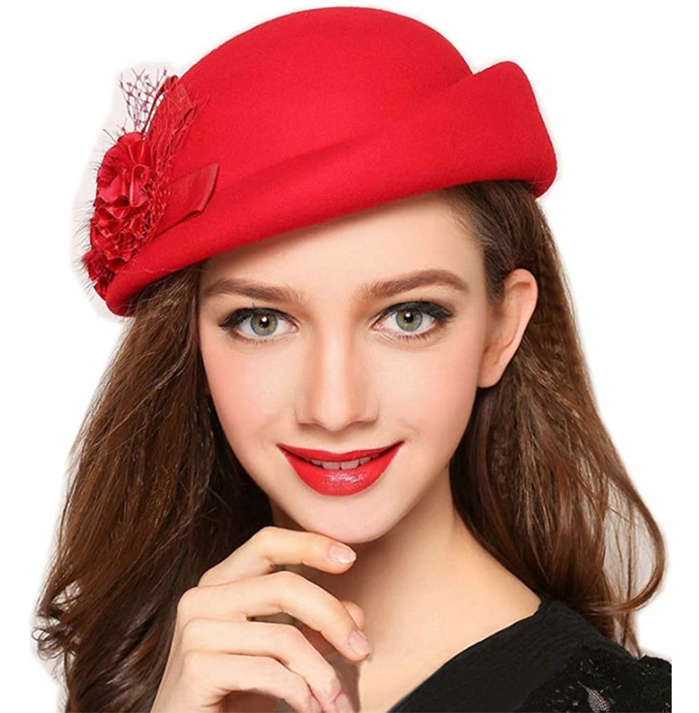 Skullies & Beanies Womens 100% Wool Veil Flower Pillbox Hat Winter Hat Crimping Beanie Hat - Red - CW18776DMDT
