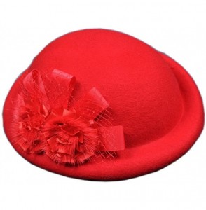Skullies & Beanies Womens 100% Wool Veil Flower Pillbox Hat Winter Hat Crimping Beanie Hat - Red - CW18776DMDT