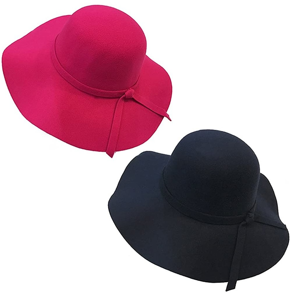 Sun Hats Vintage Women Ladies Wide Brim Floppy Warm Wool Blend Felt Hat Trilby Bowler Cap - 2 Pack Black+hot Pink - CI12G73ZO15