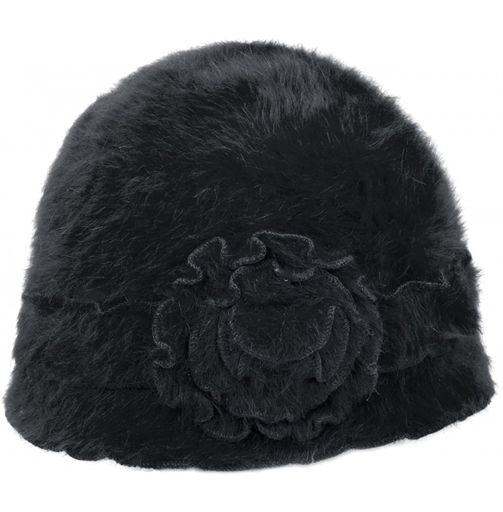 Skullies & Beanies Women's Super Soft Solid Color Knit Angora Beanie Hat - Flower - Black - C612CDTHI5R