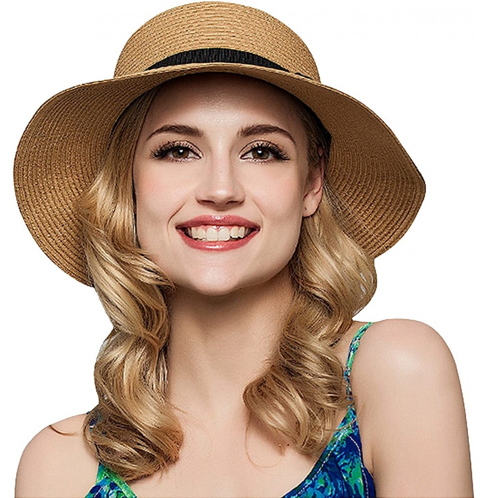Sun Hats Women Floppy Sun Beach Straw Hats Wide Brim Packable Summer Cap - Khaki - C7183IY5LLG