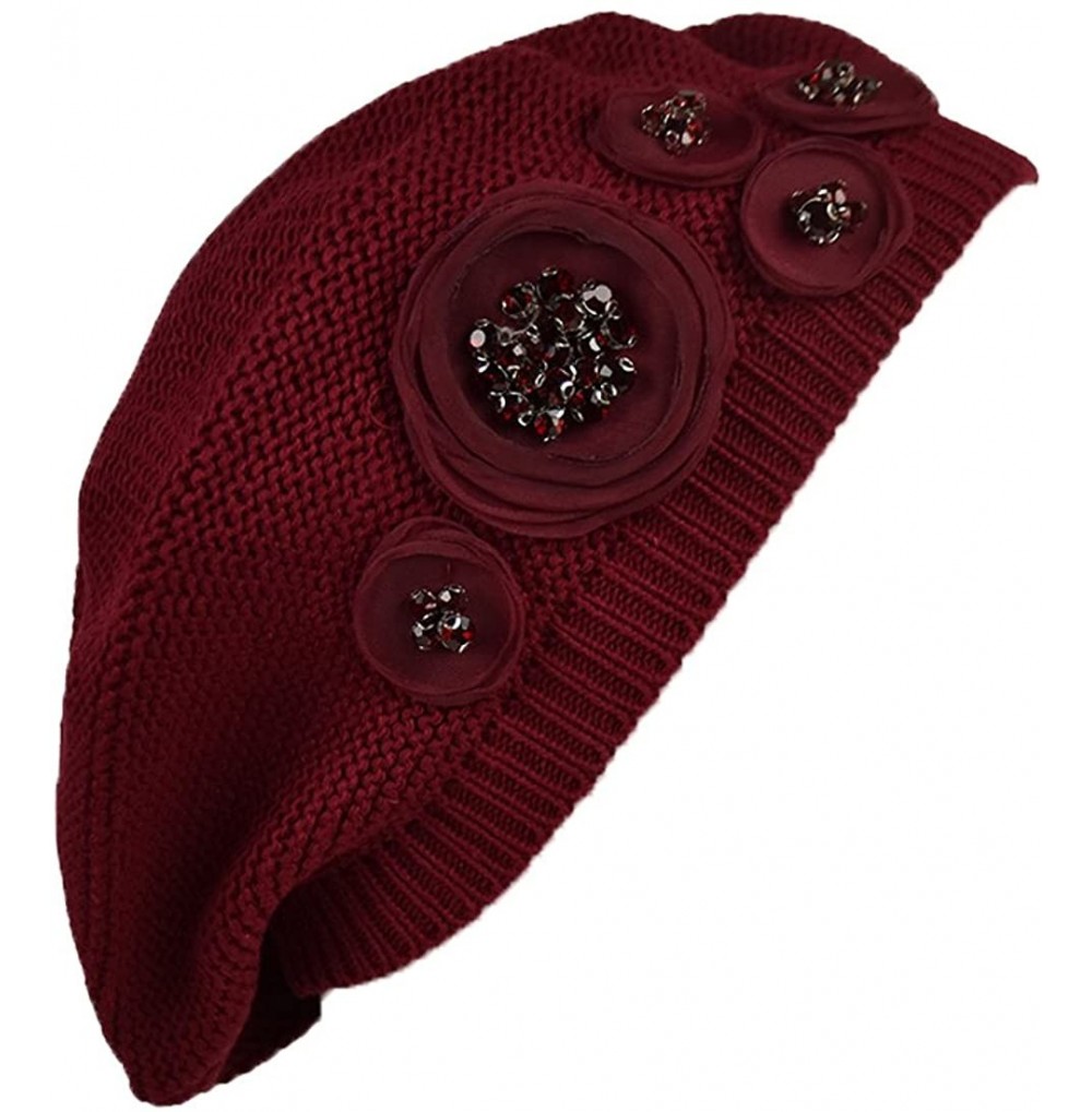Berets Ladies Knit Beret with Chiffon Circles Stylish Berets for Women - Burgundy - CU180U6WHTS