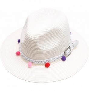 Sun Hats Women's Summer Panama Style Mid Brim Beach Sun Straw Hat with Pom Pom Belt Band. - Multi - White - CD18D04A47C