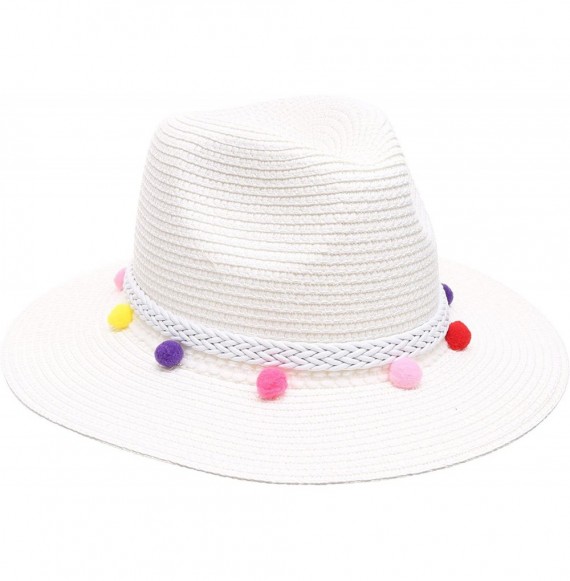 Sun Hats Women's Summer Panama Style Mid Brim Beach Sun Straw Hat with Pom Pom Belt Band. - Multi - White - CD18D04A47C