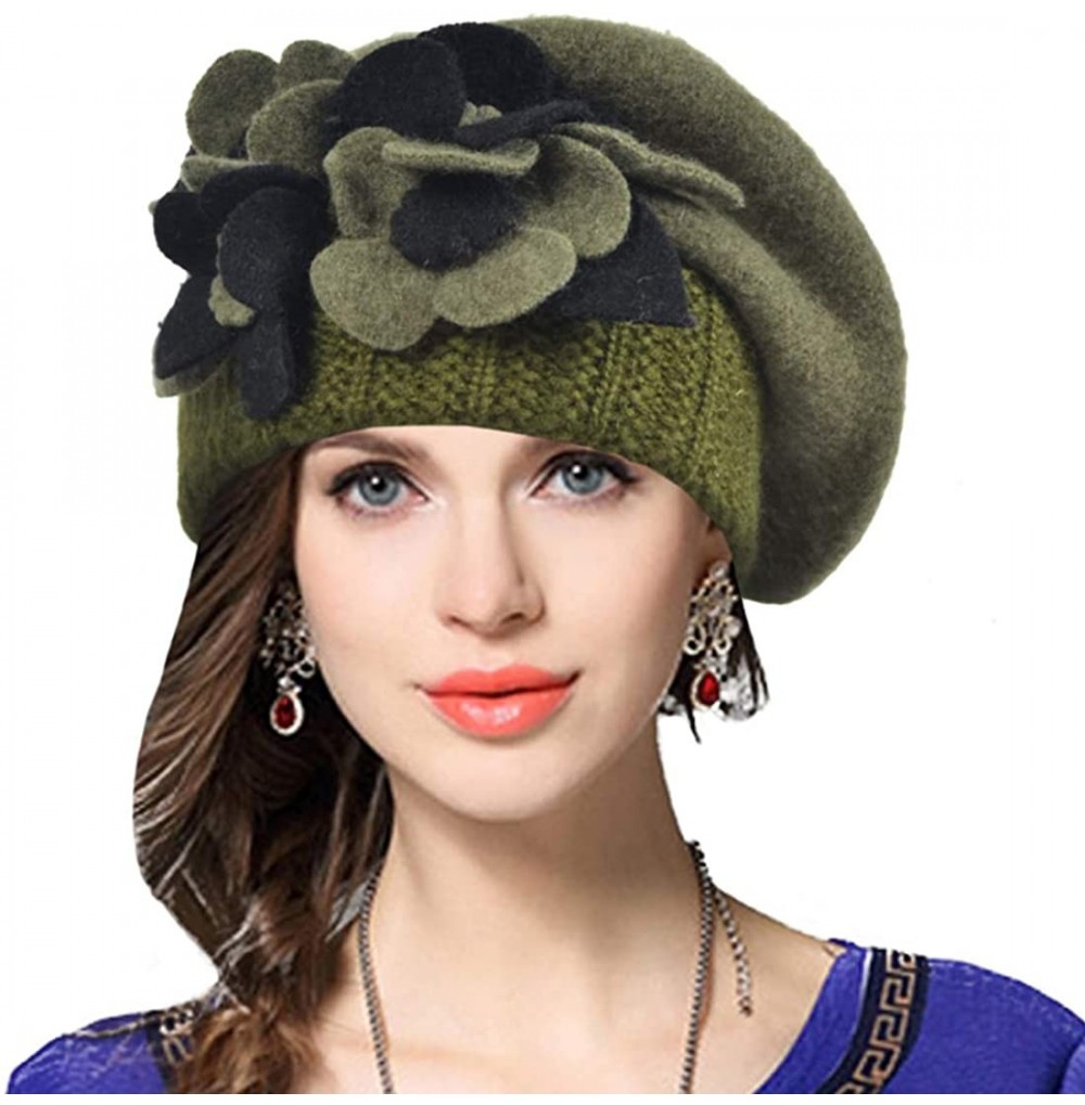 Berets Lady French Beret 100% Wool Beret Floral Dress Beanie Winter Hat - Floral-green - CV18X88U6HI