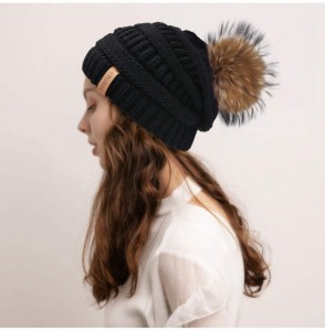 Skullies & Beanies Winter Hats Beanie for Women Lined Slouchy Knit Skiing Cap Real Fur Pom Pom Hat for Girls - C418UR6OHHW