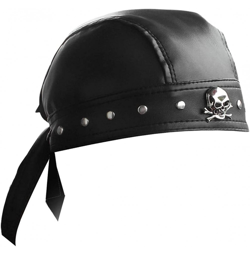 Skullies & Beanies Leather Bandana Biker Doo Do Rag Headwrap Studded Skull Cap Capsmith Du Rag Black - CA1838ZDOME