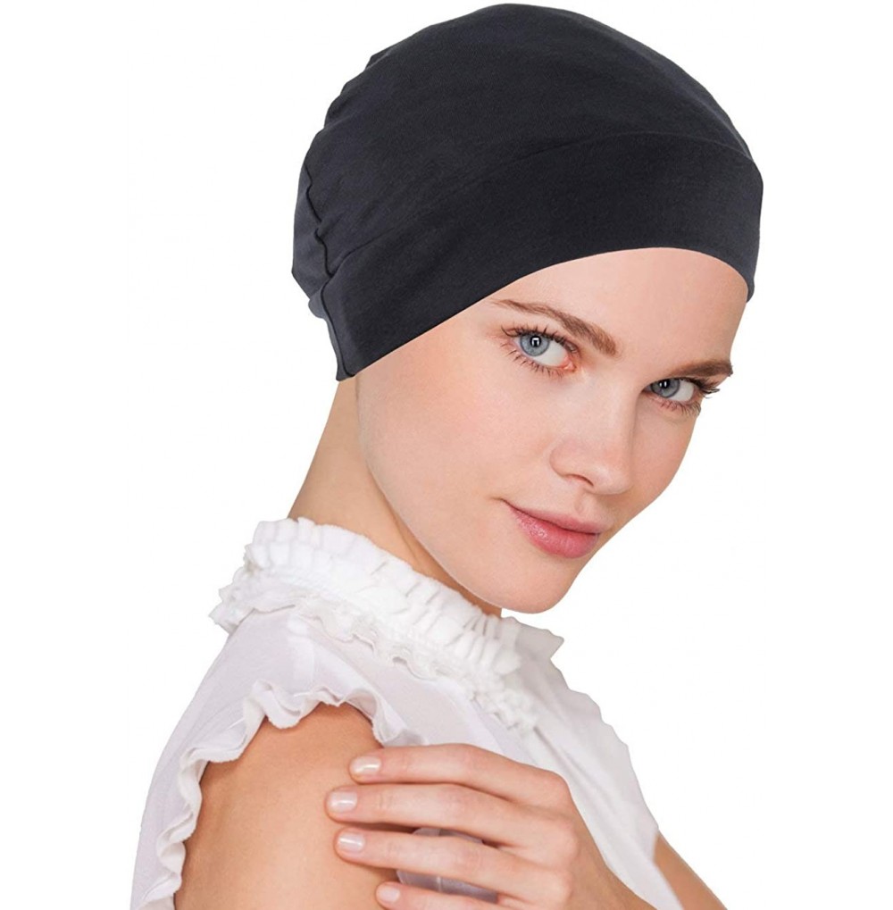 Skullies & Beanies Womens Soft Comfy Chemo Cap and Sleep Turban- Hat Liner for Cancer Hair Loss - 05- Black - C212JDC5WW3