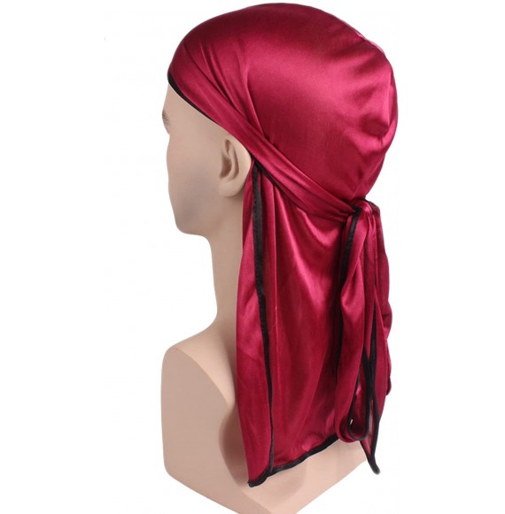 Skullies & Beanies Satin Silk Head Wrap Durag Long Tail Beanies for Men Headwraps Cap - 3pcs Black&wine Red&white - CI18Y9UZII6