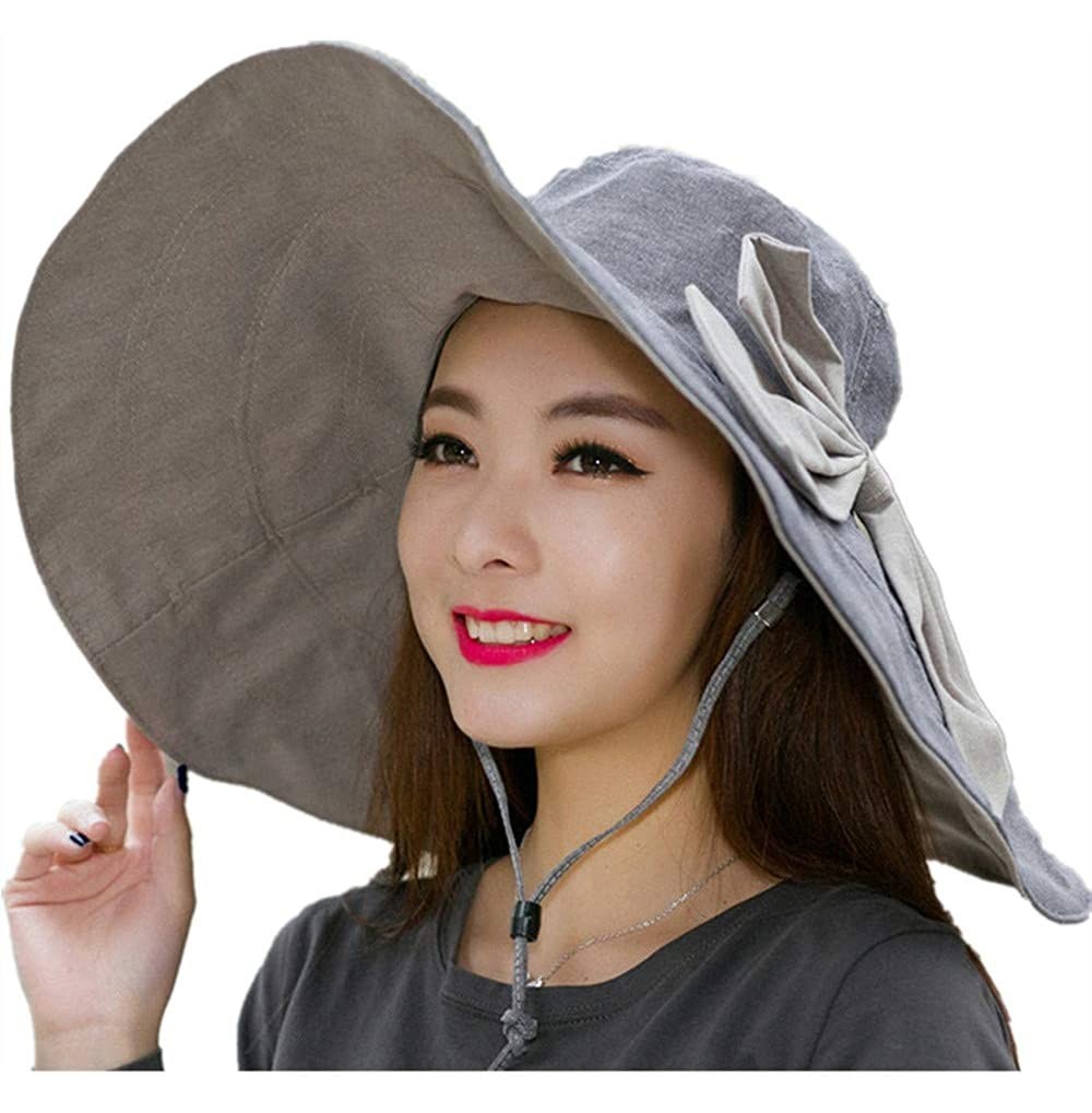 Sun Hats Women Large Bow Wide Brim Hat Foldable Floppy Reversible Hat UPF50 Sun Beach Vacation - Deep Gray - CI18WLNKQOH