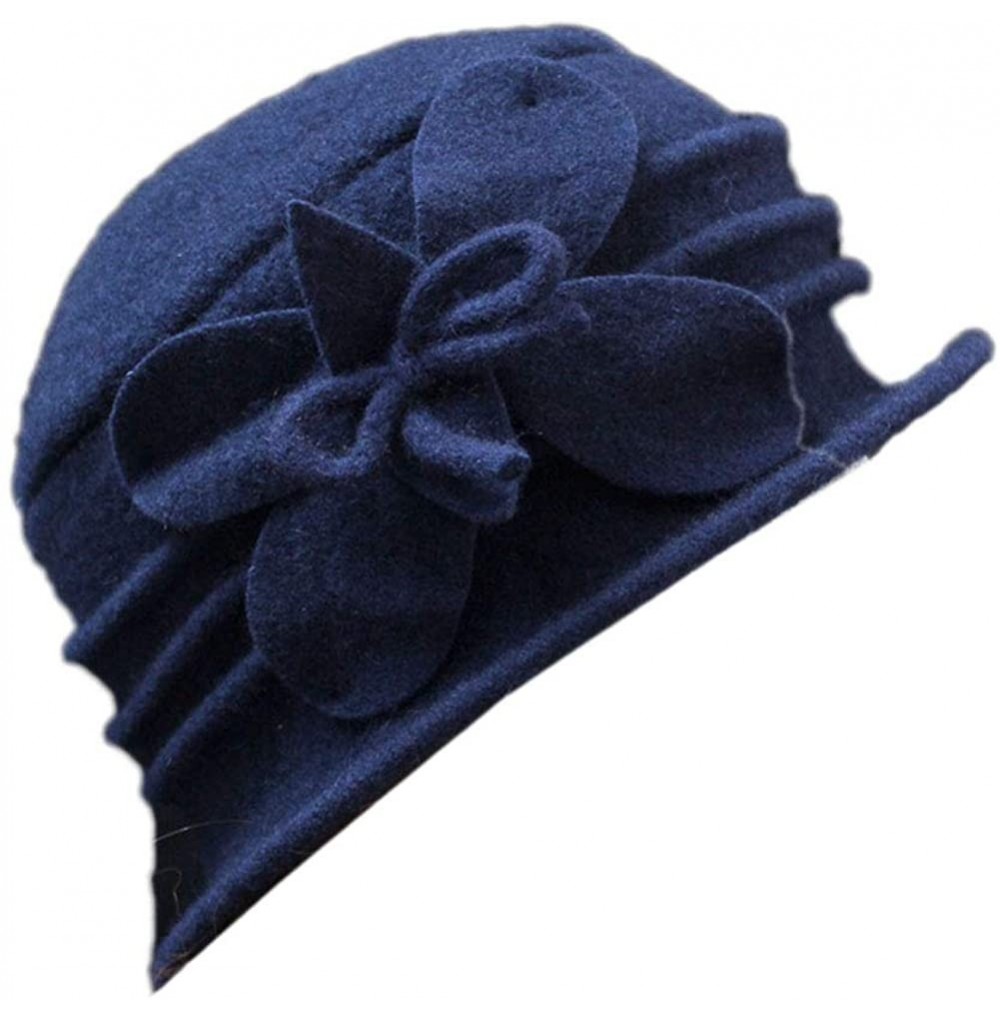 Skullies & Beanies Women 100% Wool Felt Round Top Cloche Hat Fedoras Trilby with Bow Flower - A1 Navy - CV185A02KO6