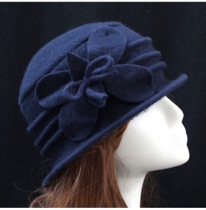 Skullies & Beanies Women 100% Wool Felt Round Top Cloche Hat Fedoras Trilby with Bow Flower - A1 Navy - CV185A02KO6