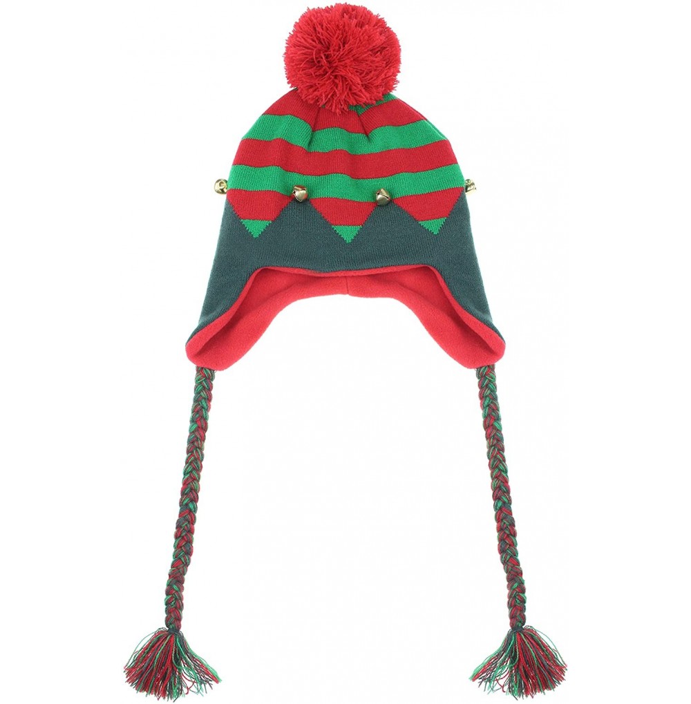 Skullies & Beanies Ladies Christmas Tree Knit Hat with 3D Poms- Bells and Star - Green Pom - CH18M590Z5Q