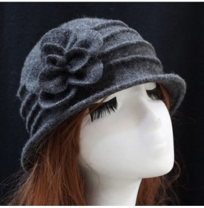 Skullies & Beanies Women 100% Wool Felt Round Top Cloche Hat Fedoras Trilby with Bow Flower - A4 Dark Grey - CO185AE56NZ